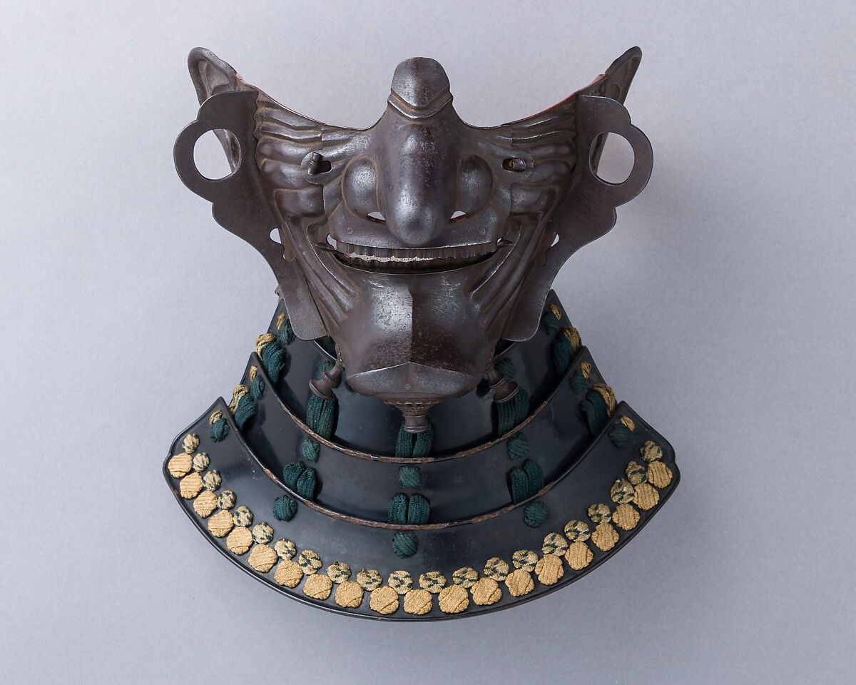 Half Mask (Ho-ate) with Neck Guard, Signed by Myōchin Munetomo (Japanese, Edo period, active early 18th century), Iron, lacquer, textile (silk), Japanese 