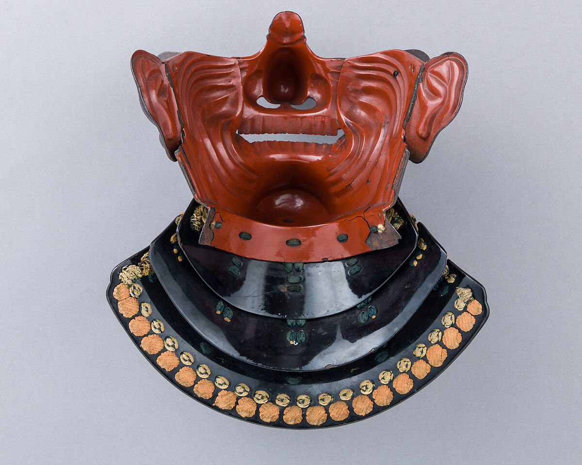 Half Mask (Ho-ate) with Neck Guard, Signed by Myōchin Munetomo (Japanese, Edo period, active early 18th century), Iron, lacquer, textile (silk), Japanese