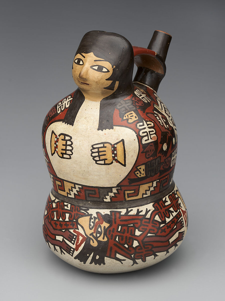 Bottle with female figure, Nasca artist(s), Ceramic, slip, Nasca
