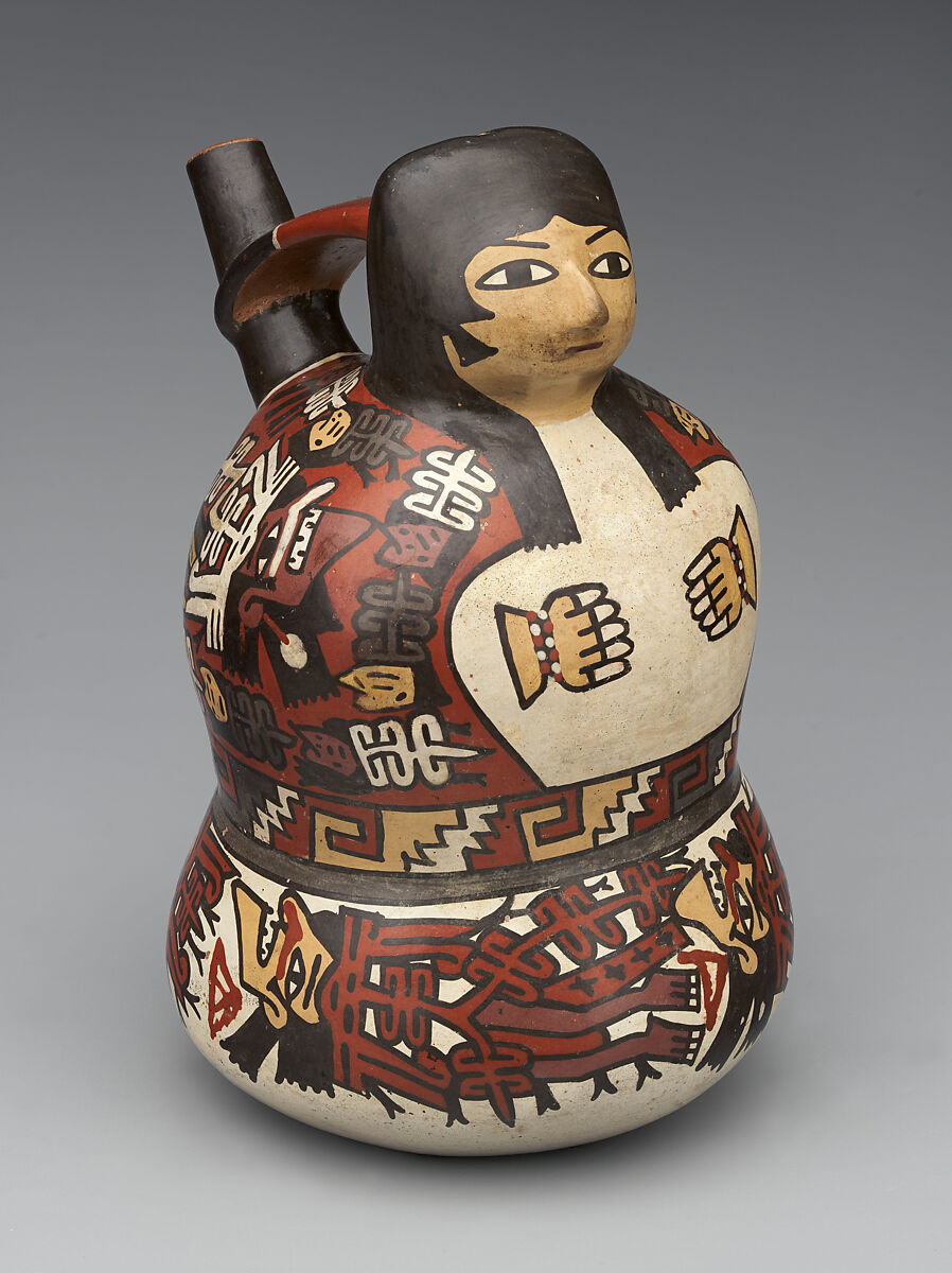 Bottle with female figure, Nasca artist(s), Ceramic, slip, Nasca 