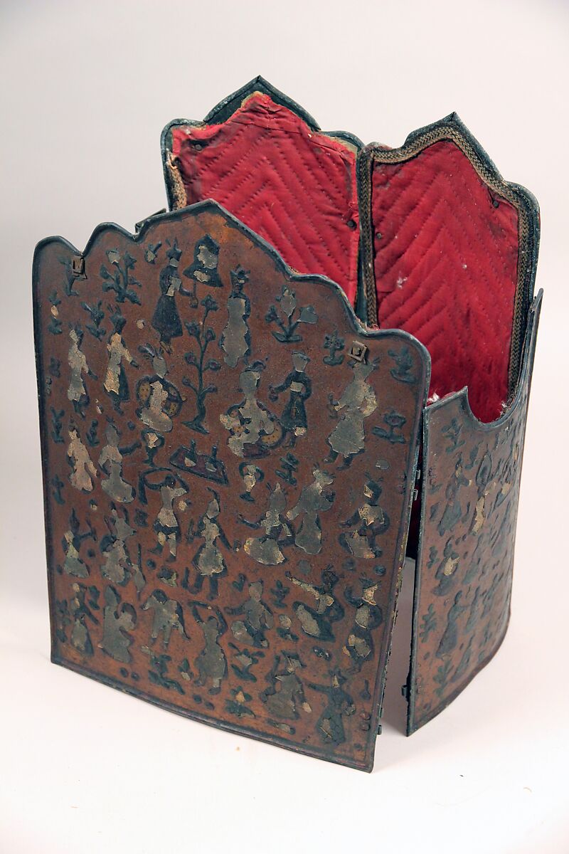 Cuirass (Char-aina), Steel, textile (cotton), pigment, copper alloy leaf, lacquer, Persian 