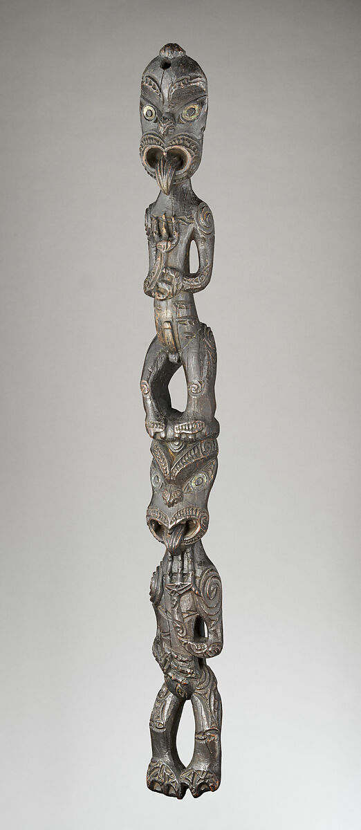 Tekoteko (gable figure), Māori artist, Wood, shell (pāua), Māori