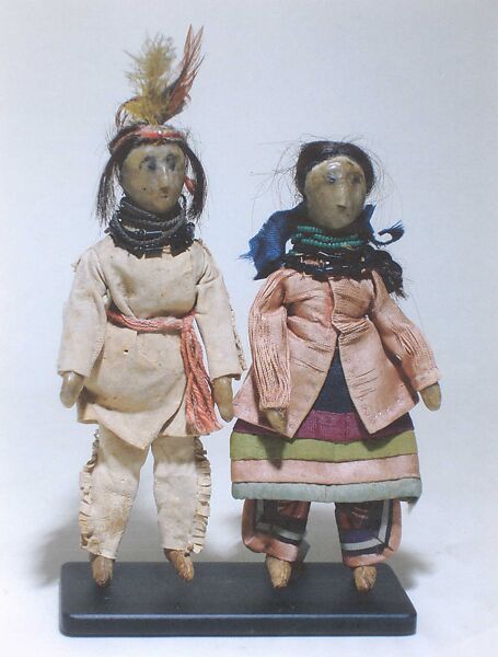 Pair of Dolls, Native-tanned skin, wax, beads, cotton, silk, hair, feathers, Delaware 