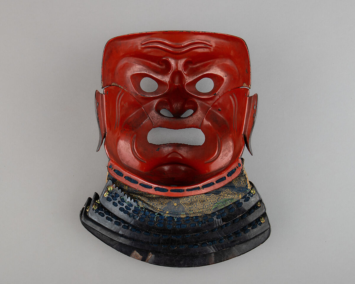 Mask (Sōmen) with Gorget, Iron, lacquer, gold, silk, Japanese