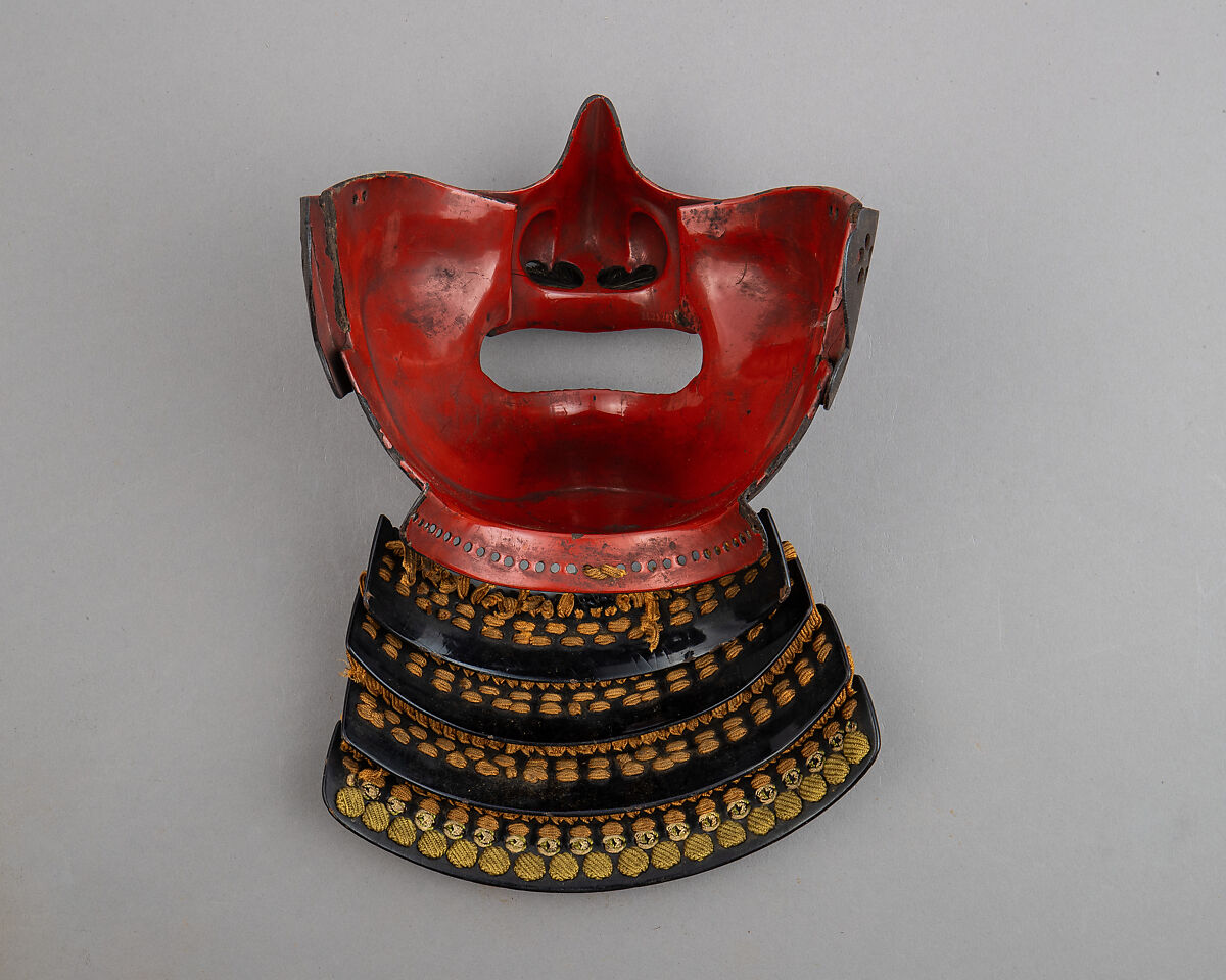 Half Mask (Menpō) with Gorget, Iron, lacquer, silk, hair, Japanese