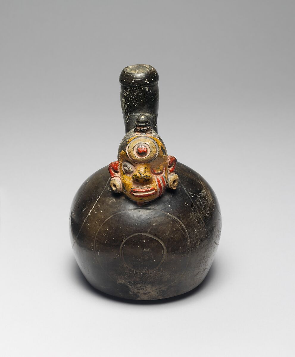 Bottle, Head on Spout, Ceramic, post-fired paint, Paracas