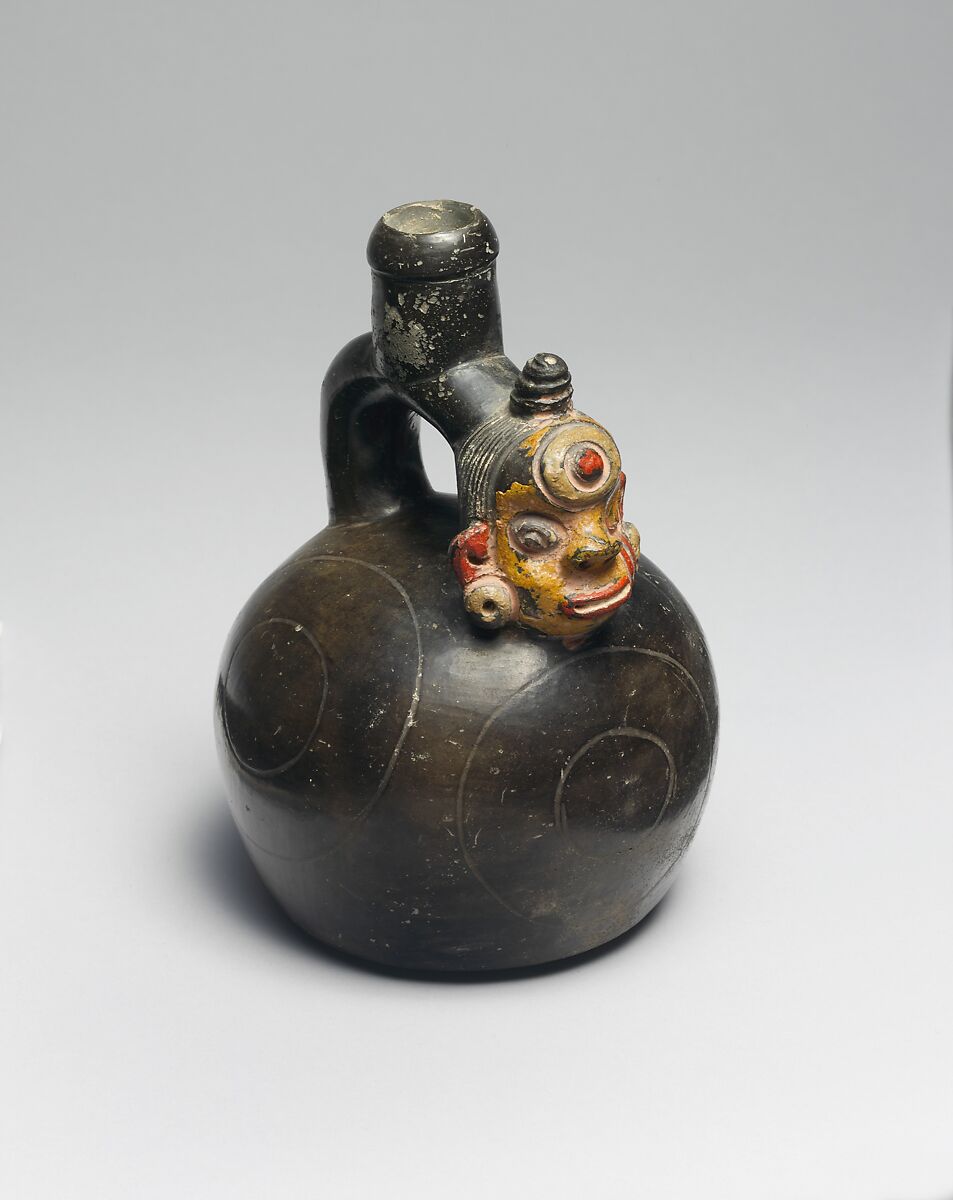 Bottle, Head on Spout, Ceramic, post-fired paint, Paracas