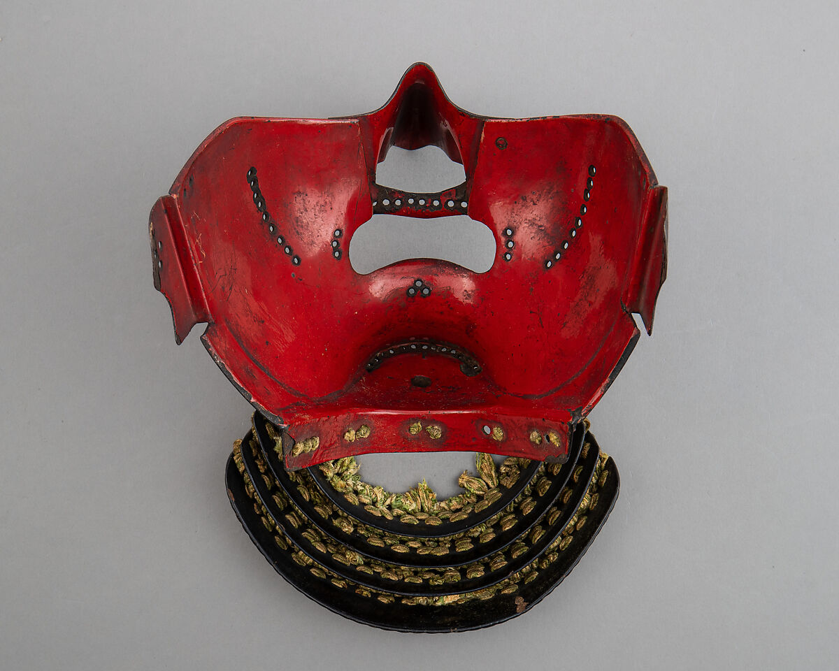 Half Mask with Gorget (Menpō), Iron, lacquer, leather, silk, Japanese