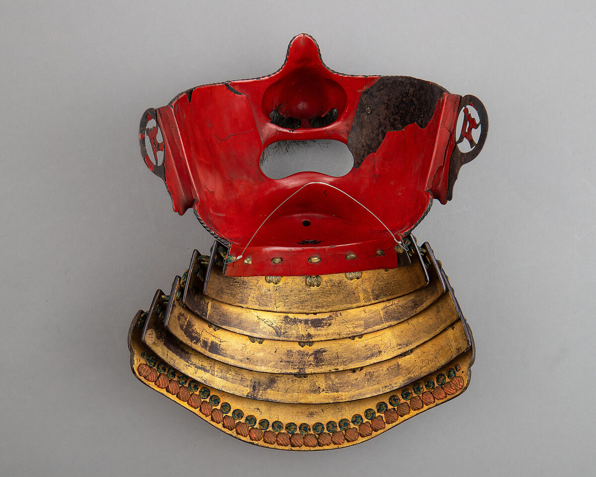 Half Mask (Menpō) with Gorget Depicting Bonji Character Representing Marishiten, Lacquer, wood, hair, cord, Japanese
