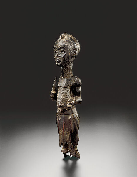 Figure of a leopard chief, Wood (Vitex madiensis), pigments, metal, plastic, Luluwa peoples, Bakwa Ndolo 