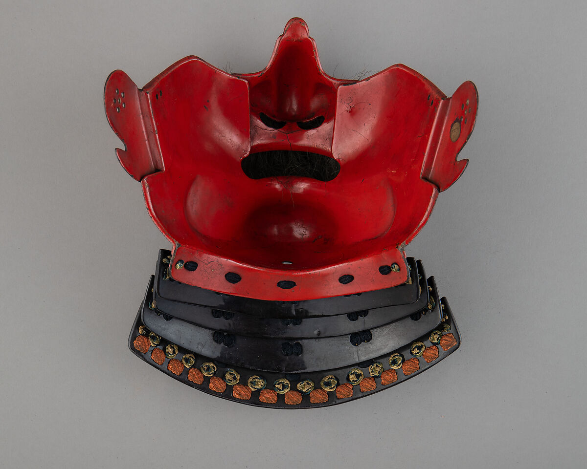 Half Mask (Menpō) with Gorget, Iron, lacquer, silk, hair, Japanese