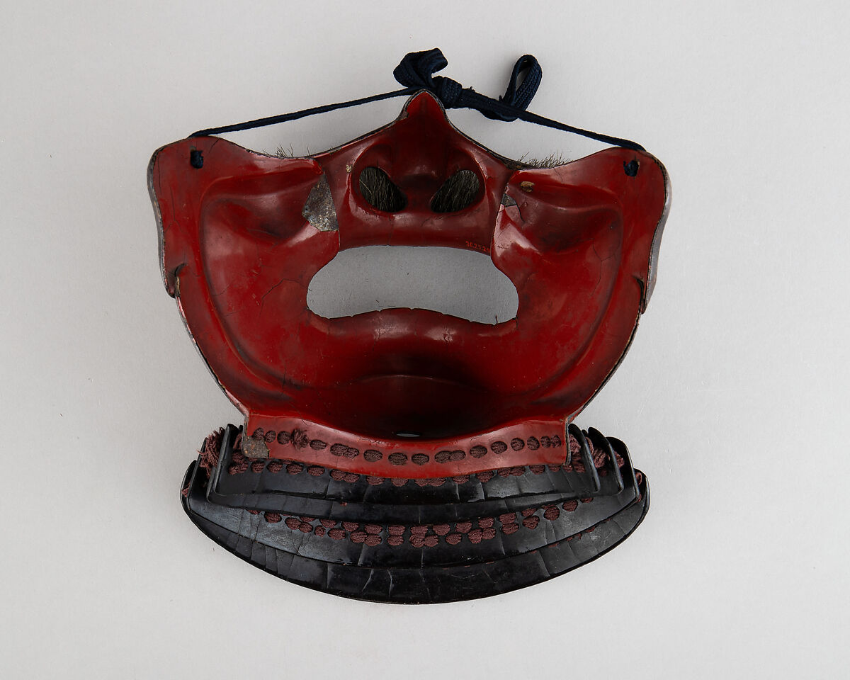 Half Mask (Menpō) with Gorget, Iron, lacquer, silk, hair, Japanese