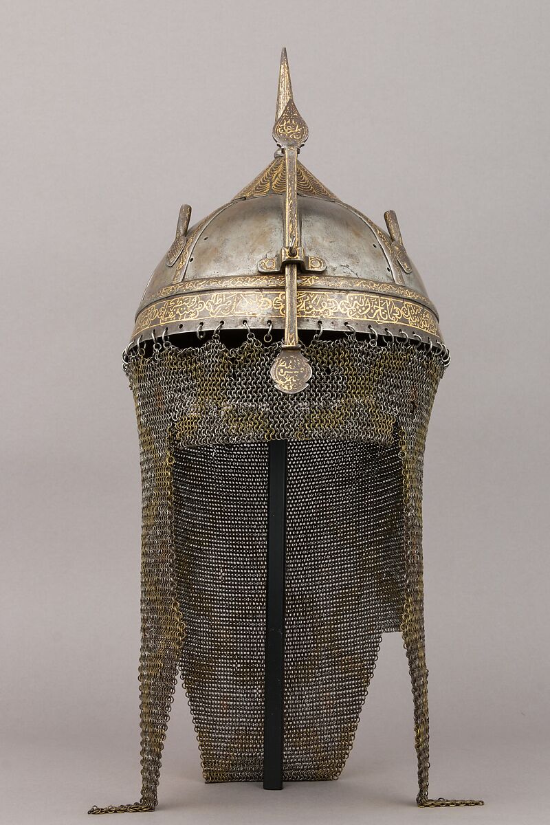 Helmet, Steel, gold, brass, Indian; bowl, probably Turkish
