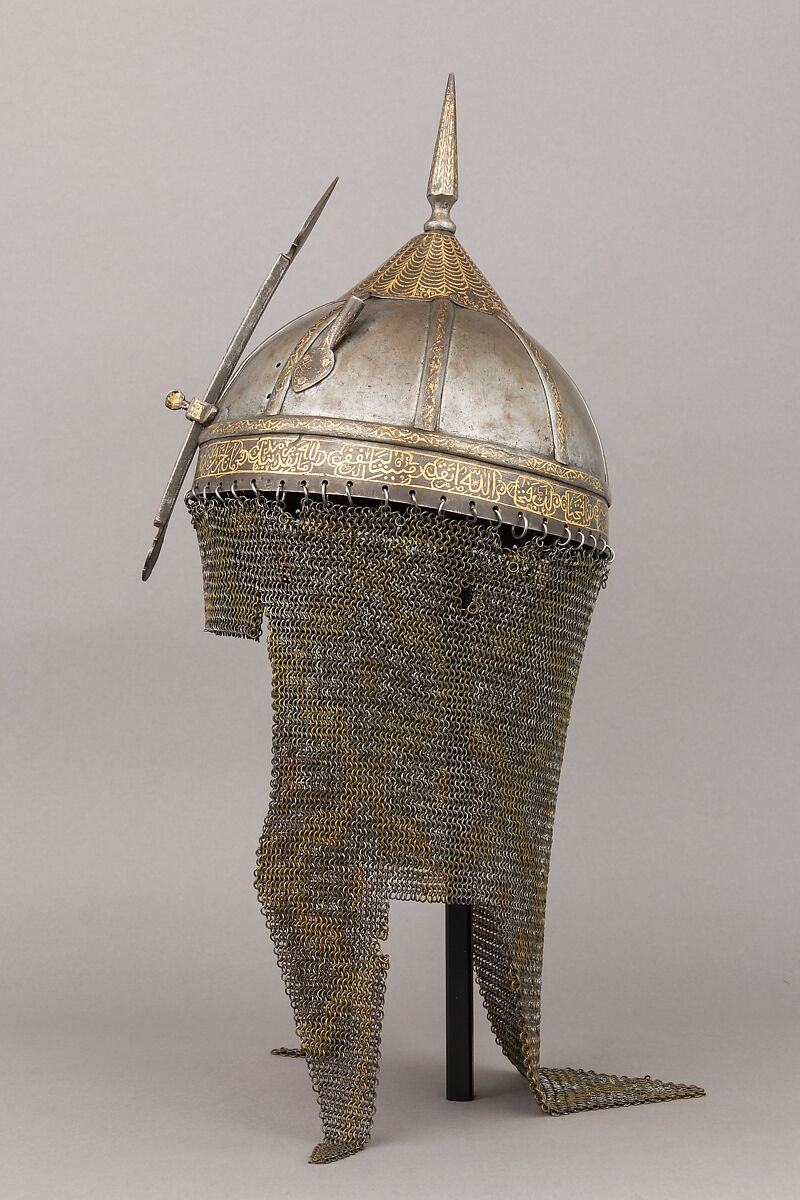 Helmet, Steel, gold, brass, Indian; bowl, probably Turkish