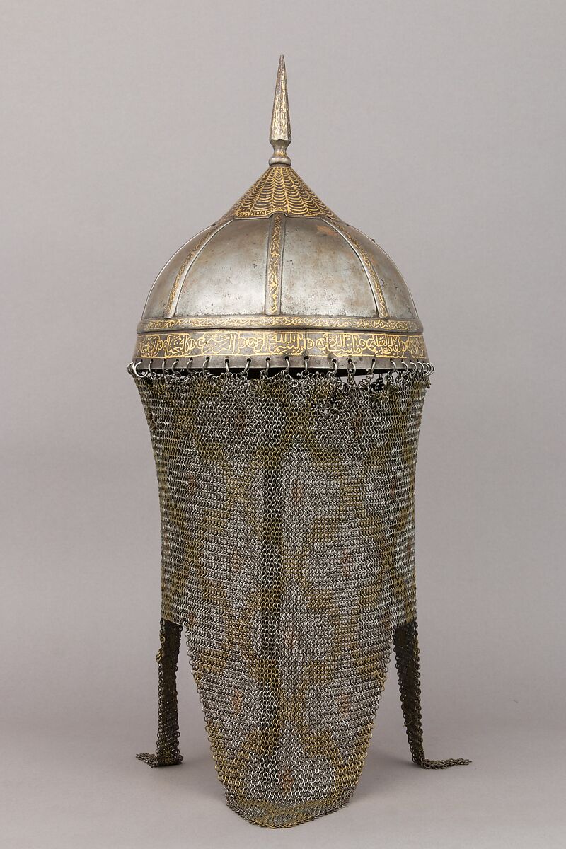 Helmet, Steel, gold, brass, Indian; bowl, probably Turkish