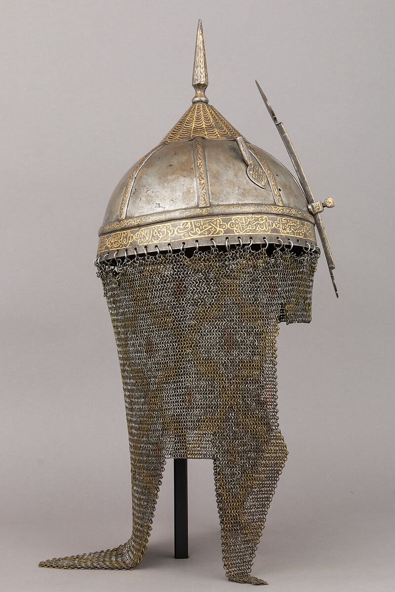 Helmet, Steel, gold, brass, Indian; bowl, probably Turkish
