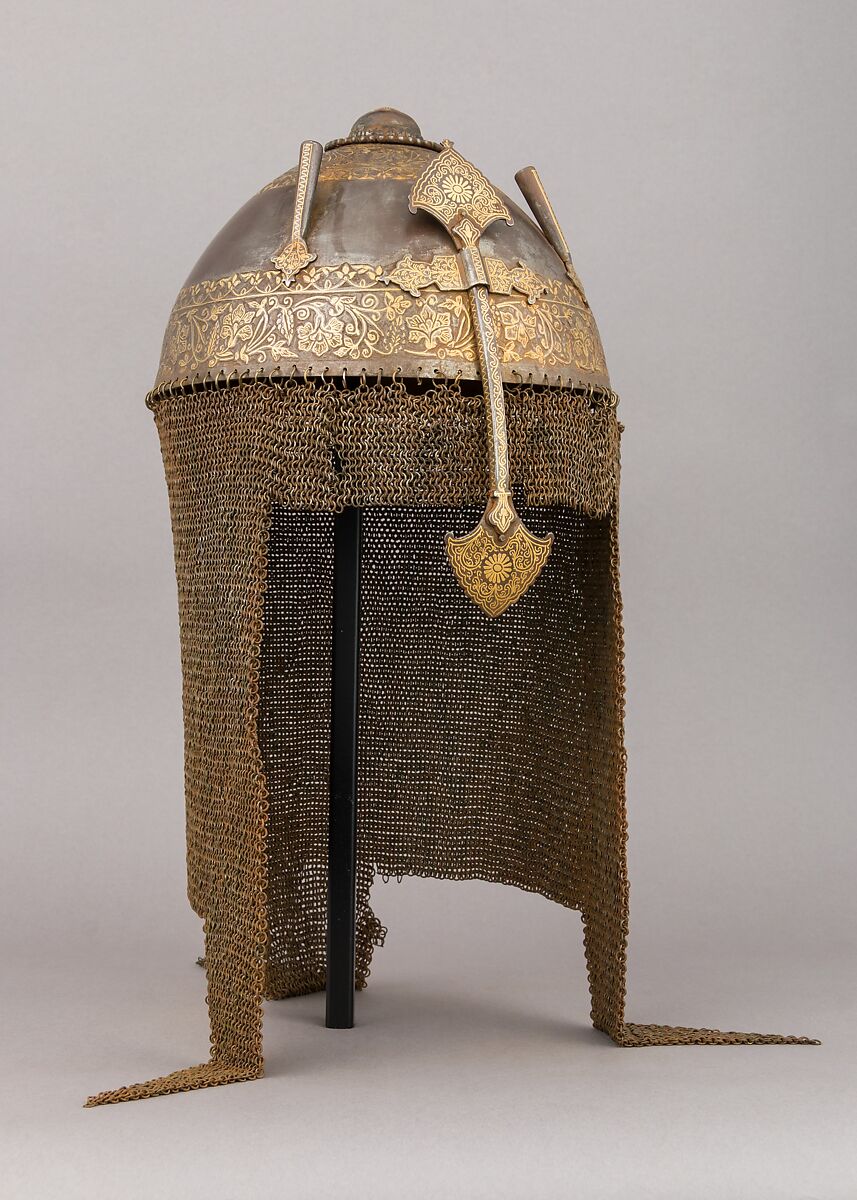 Helmet, Steel, brass, gold, Indian 