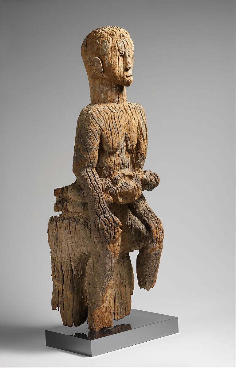 Figurative Element from Ceremonial Drum [?]: Seated Female and Child, Wood, pigment, resin, nails, Mbembe peoples 
