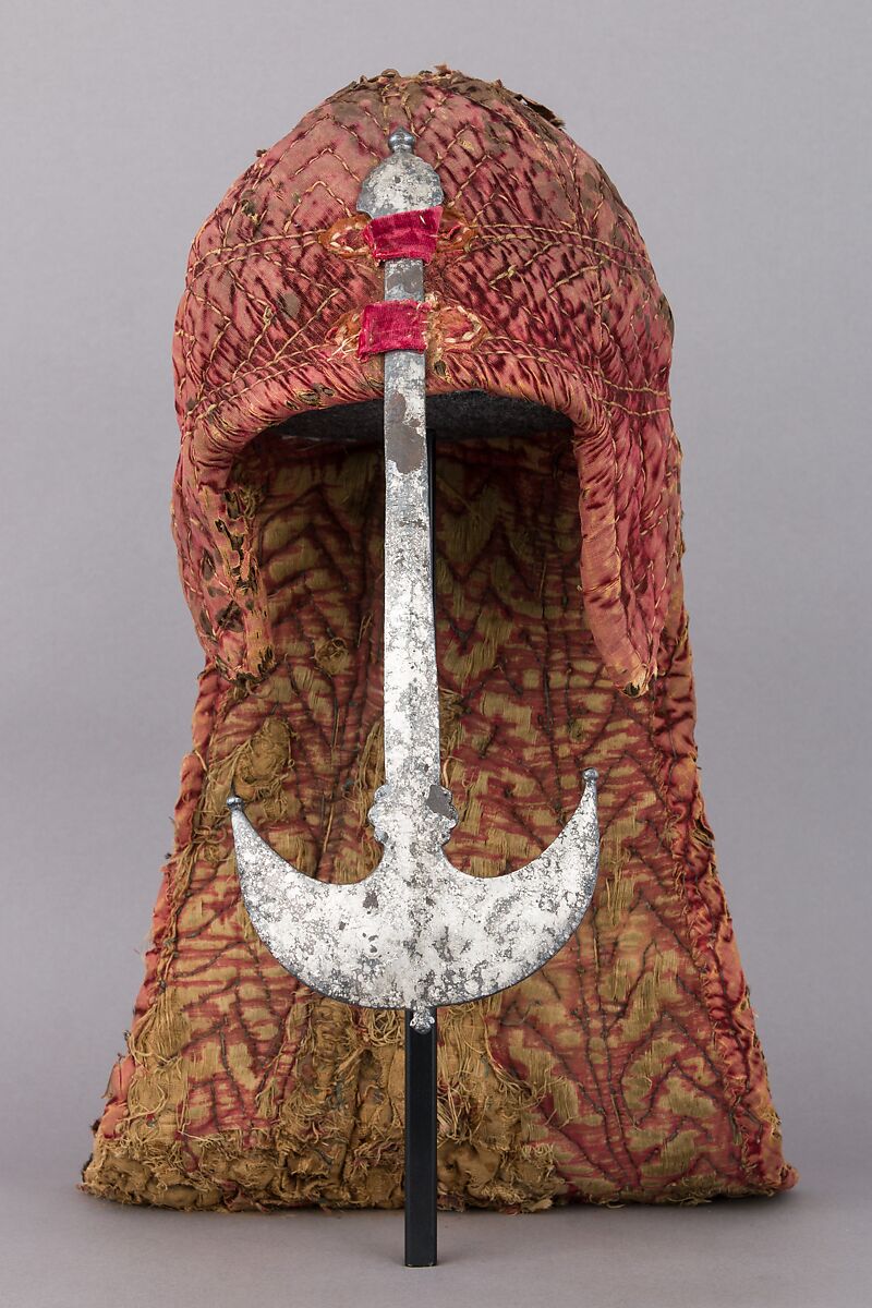 Helmet, Iron alloy, textile (velvet), silver, South Indian