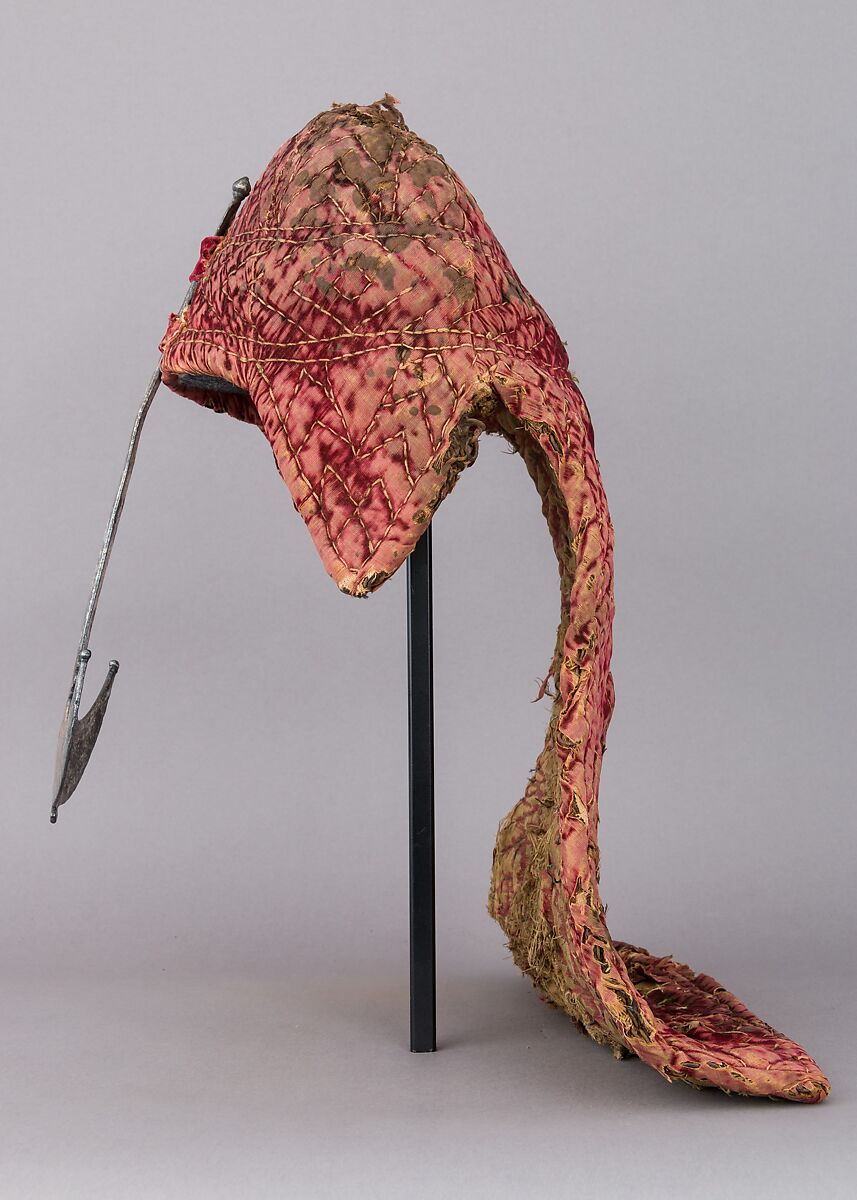 Helmet, Iron alloy, textile (velvet), silver, South Indian