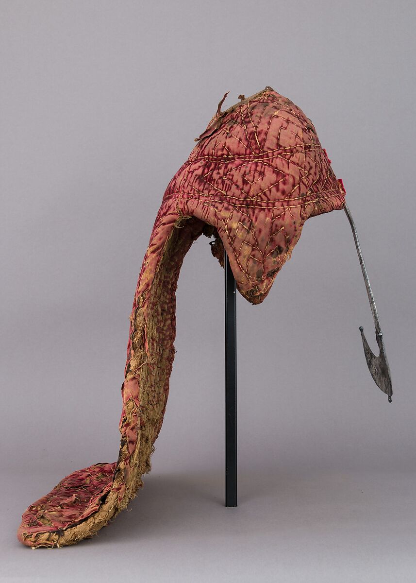 Helmet, Iron alloy, textile (velvet), silver, South Indian