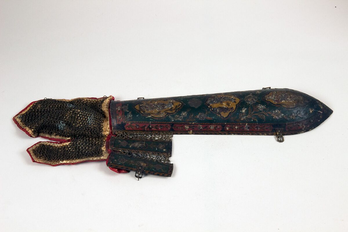 Helmet and Arm Guard, Steel, enamel, Persian