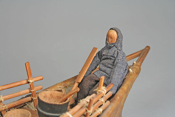 Model Umiak, Wood, gutskin, trade cloth, bone, plant fiber, Kalaallit