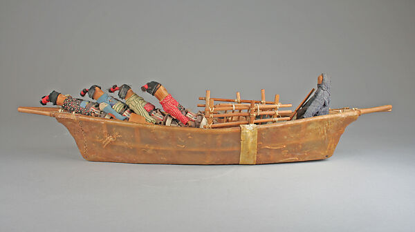 Model Umiak, Wood, gutskin, trade cloth, bone, plant fiber, Kalaallit