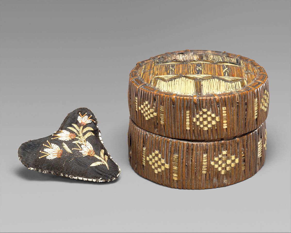 Pincushion, Silk trade cloth, porcupine quill, Huron