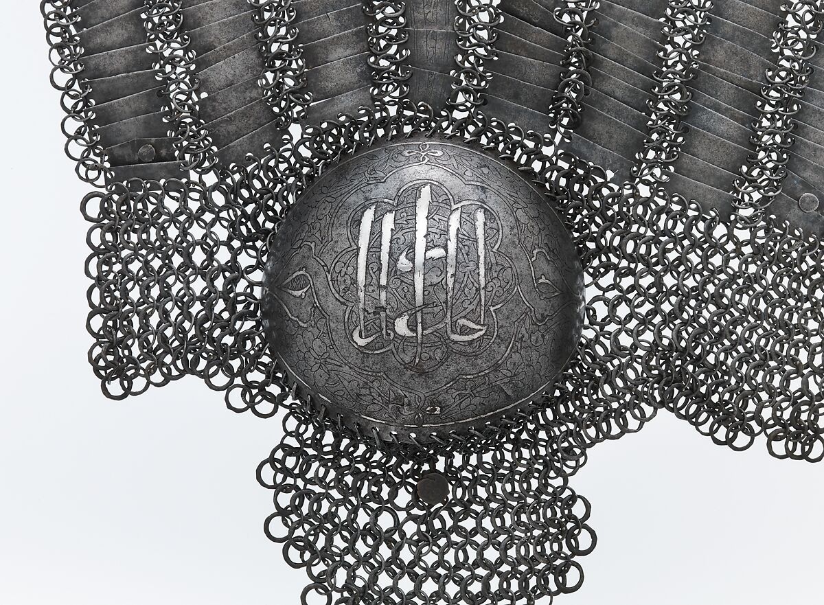 Pair of Thigh and Knee Defenses, Steel, iron, copper alloy, silver, leather, Iranian or Turkish