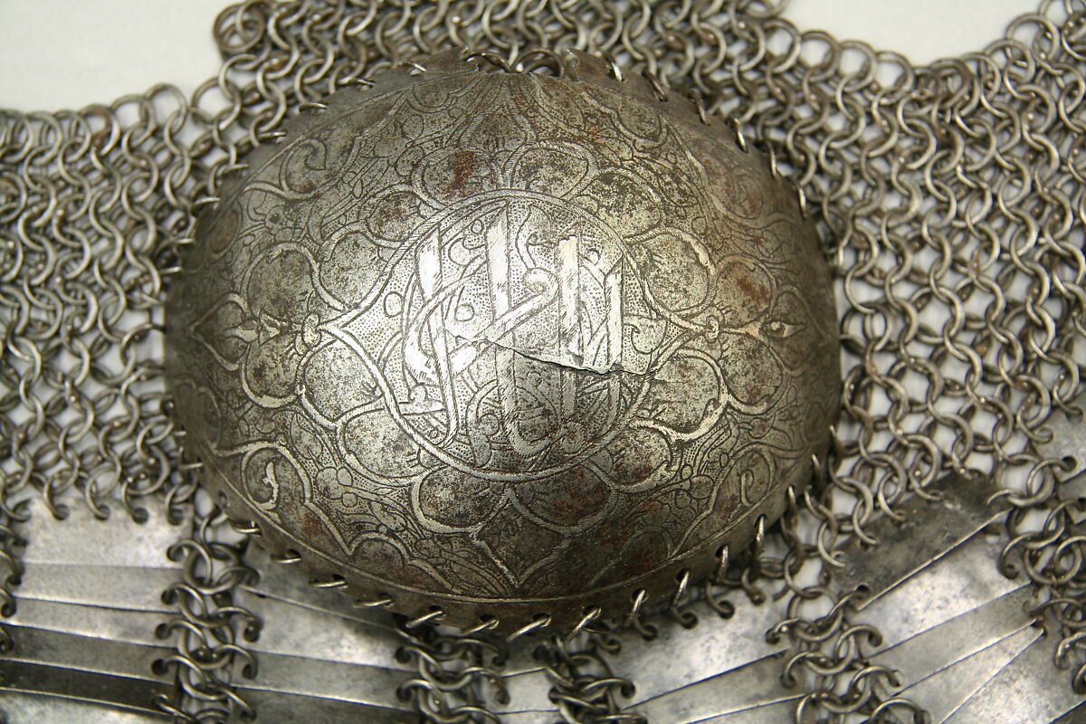 Pair of Thigh and Knee Defenses, Steel, iron, copper alloy, silver, leather, Iranian or Turkish