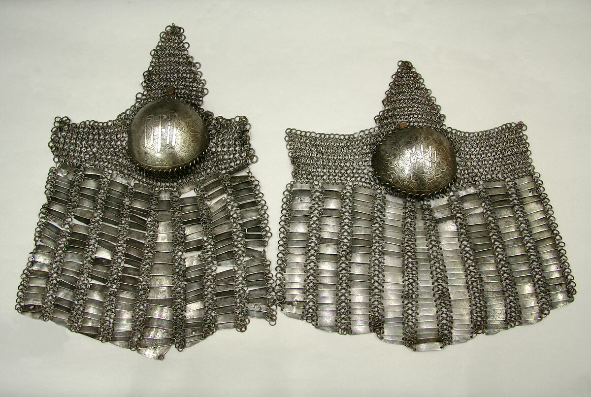 Pair of Thigh and Knee Defenses, Steel, iron, copper alloy, silver, leather, Iranian or Turkish