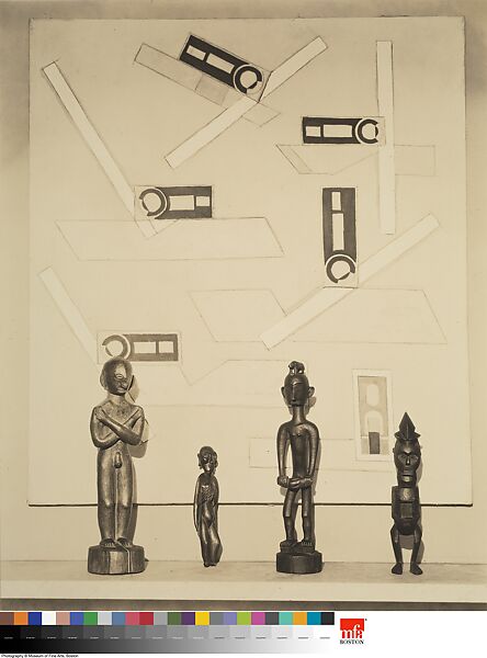 Untitled [Filipino, Easter Island, Indonesian, and Congolese sculptures in front of an unidentied painting by Morton Schamberg(?)], Charles Sheeler (American, Philadelphia, Pennsylvania 1883–1965 Dobbs Ferry, New York), Gelatin silver print 