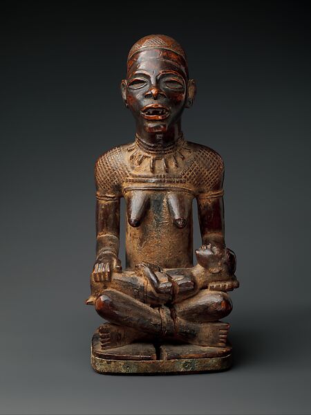 Figure: Seated Female Supporting Figure with Clasped Hands, Master of Kasadi, Wood, metal, glass, kaolin, pigment, Kongo peoples, Yombe group 