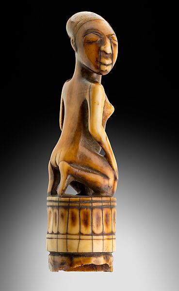 Staff Finial:Kneeling Female Figure With Turned Head, Master of Makaya-Vista, Ivory, Kongo peoples; Woyo group