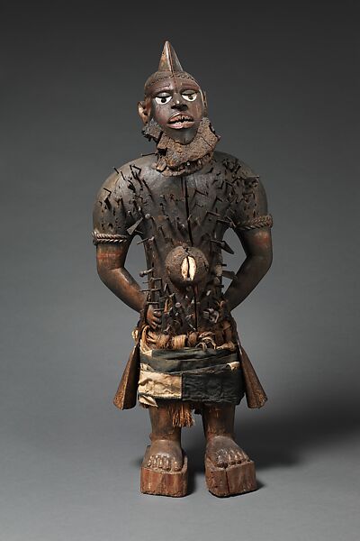 Power Figure (Nkisi N'Kondi: Mangaaka), Wood, iron, resin, cowrie shell, animal hide and hair (monkey?), ceramic, plant fiber, textile, pigment, Kongo peoples; Yombe group