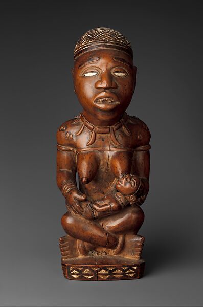 Figure: Seated Female Nursing Child, Master of the Boma-Vonde Region, Wood, kaolin, glass, Kongo peoples; Yombe group