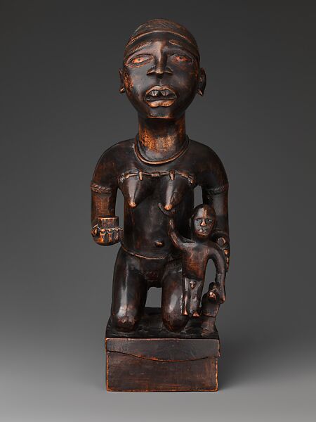 Figure: Kneeling Female Holding Vessel with Seated Male and Dog, Wood, Kongo peoples; Yombe group