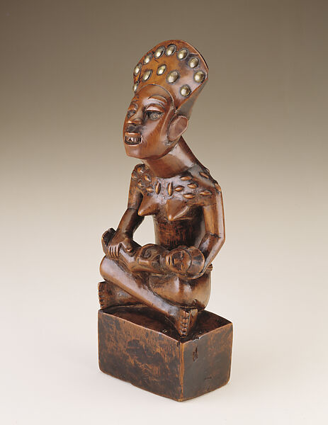 Seated Female Figure with Child (pfemba), Wood, brass tacks, pigment, Kongo peoples, Yombe group 