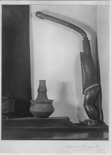 Untitled (Central African Ngbaka bow-harp, Kuba cammwood powder container and Kongo clay vessel), Marjorie Griffiths, Gelatin Silver Print 