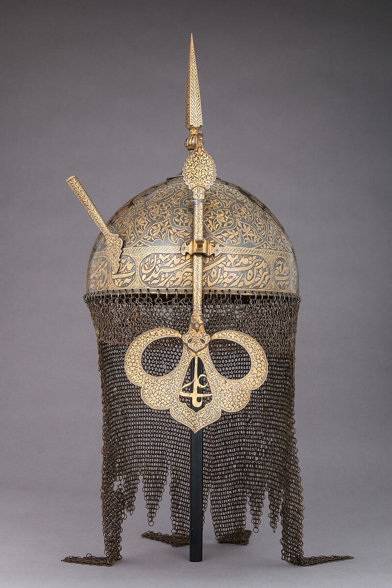 Helmet, Shield, and Arm Guard, Steel, gold, copper alloy, Deccan, Indian
