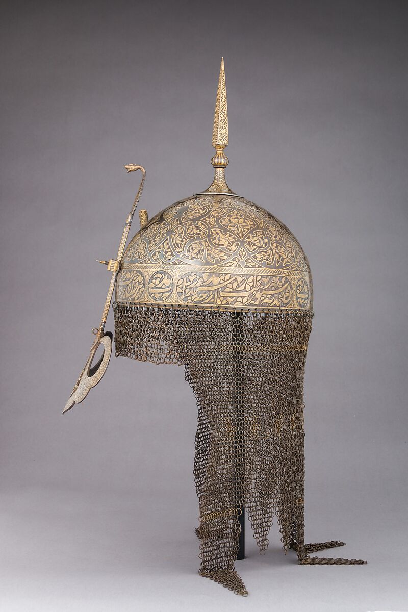 Helmet, Shield, and Arm Guard, Steel, gold, copper alloy, Deccan, Indian