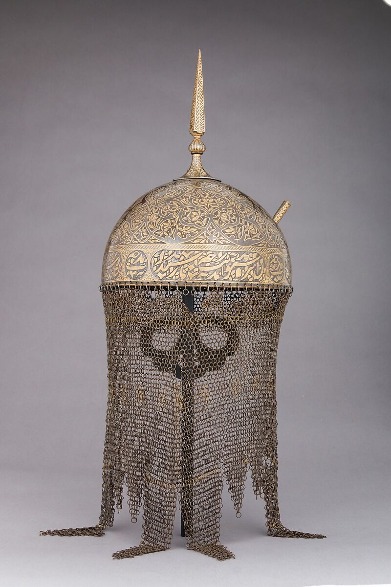 Helmet, Shield, and Arm Guard, Steel, gold, copper alloy, Deccan, Indian