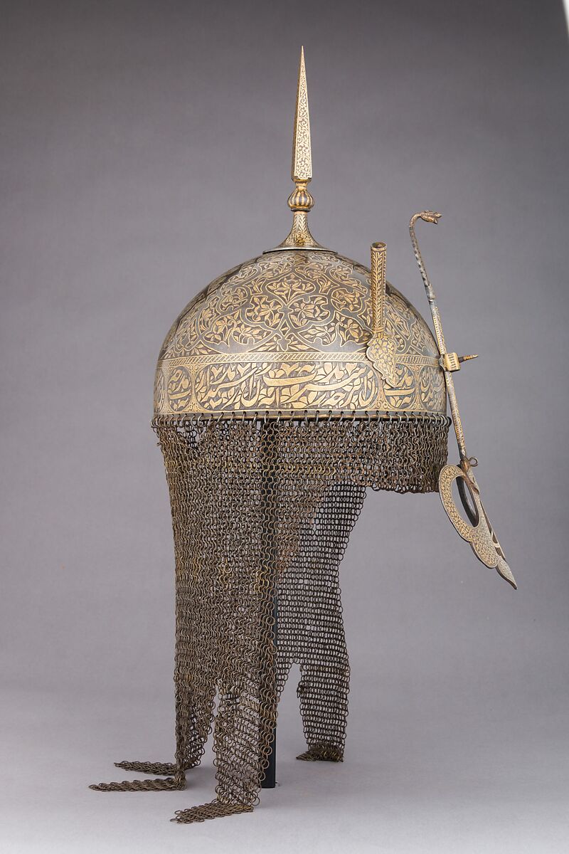 Helmet, Shield, and Arm Guard, Steel, gold, copper alloy, Deccan, Indian