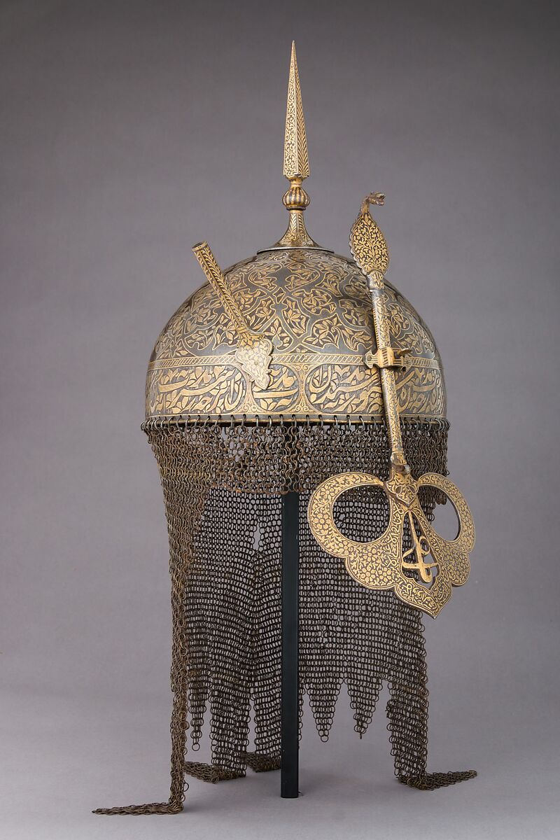 Helmet, Shield, and Arm Guard, Steel, gold, copper alloy, Deccan, Indian