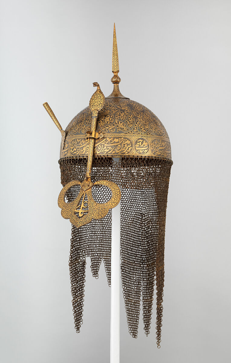 Helmet, Shield, and Arm Guard, Steel, gold, copper alloy, Deccan, Indian 