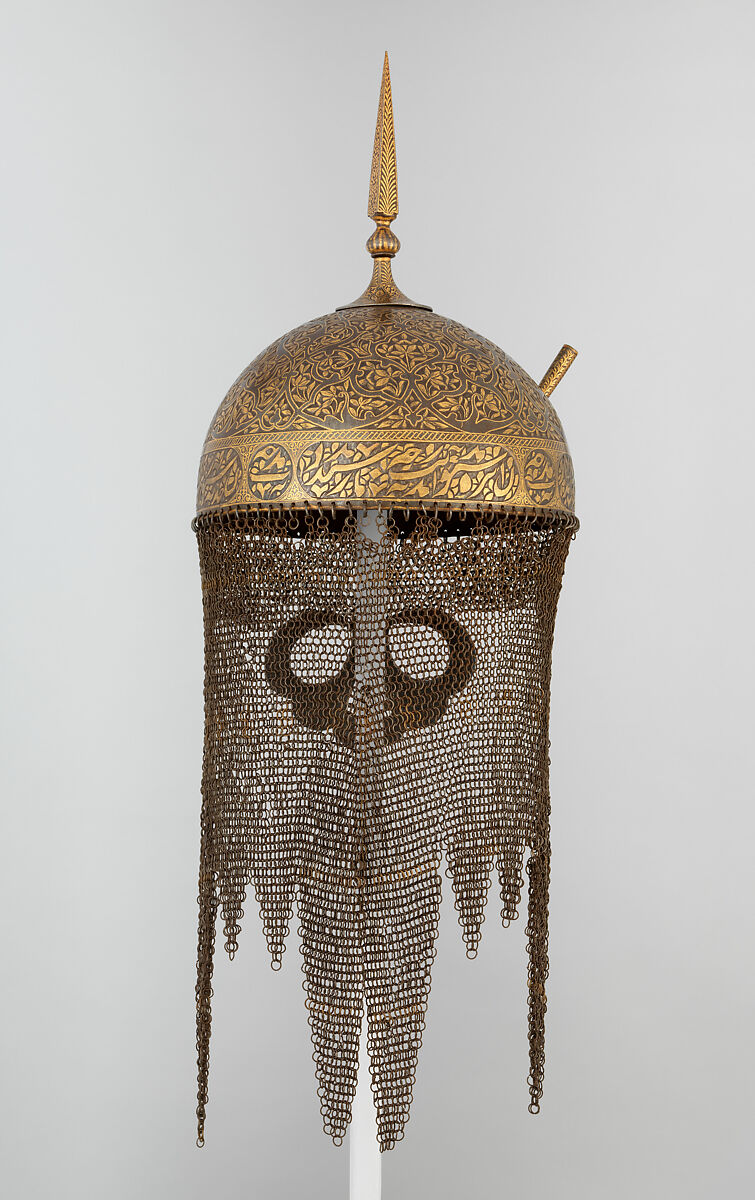Helmet, Shield, and Arm Guard, Steel, gold, copper alloy, Deccan, Indian