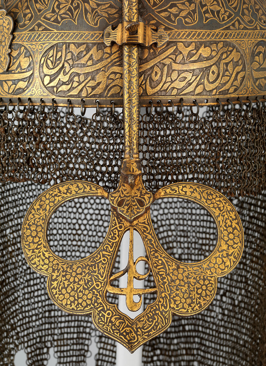 Helmet, Shield, and Arm Guard, Steel, gold, copper alloy, Deccan, Indian
