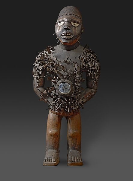 Power Figure (Nkisi N'Kondi: Mangaaka), Wood, iron, resin, ceramic, plant fiber, textile, pigment, glass, Kongo peoples; Yombe group 