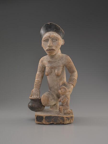 Ancestral Shrine Figure: Kneeling Female with Vessel and Seated Figure, Wood, glass, black paint, kaolin, Kongo peoples, Yombe group